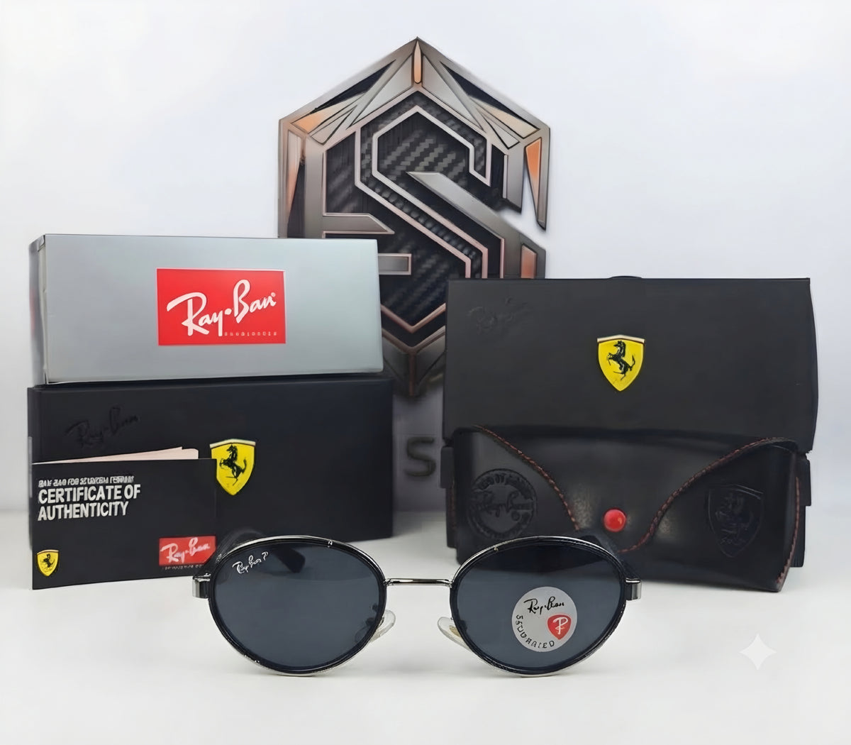 RayBan x Ferrari Oval / Fibra De Carbono/ Marco Plateado (Ref: RB32112)