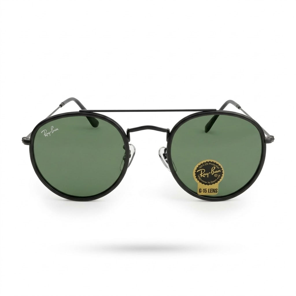 🔥 RAY-BAN RB3647 ROUND DOUBLE BRIDGE – BLACK / GREEN G-15 VIDRIO VERDE 🔥