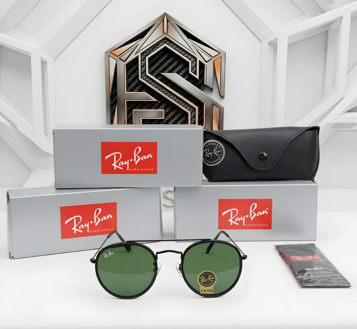 🔥 RAY-BAN RB3647 ROUND DOUBLE BRIDGE – BLACK / GREEN G-15 VIDRIO VERDE 🔥